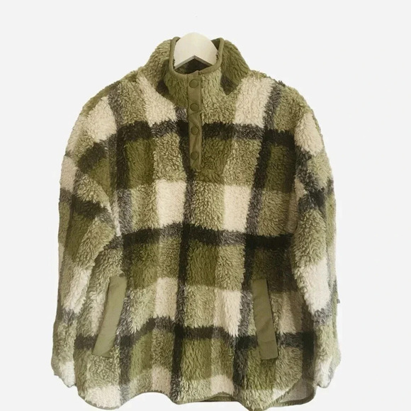 Madewell Sherpa Popover Tunic Jacket Plaid Fleece Snap Oversized Jacket Size XXS - Picture 2 of 9